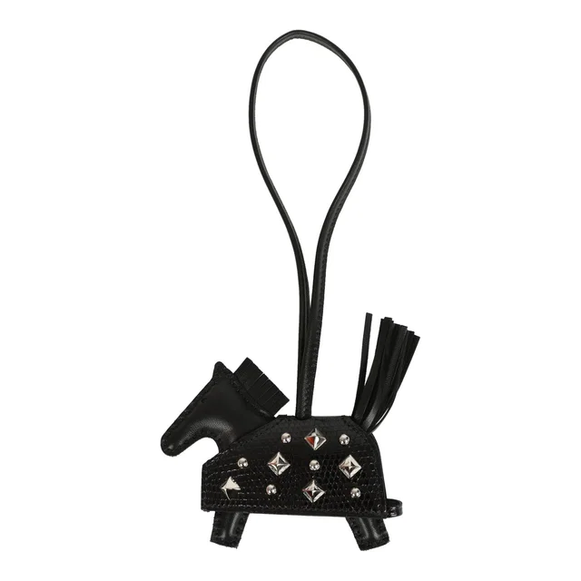 Hermès Rodeo Rock Bag Charm PM Black Shiny Varaus Niloticus Lizard and Milo Lambskin Palladium Hardware in Black Lambskin from Madison Avenue Couture