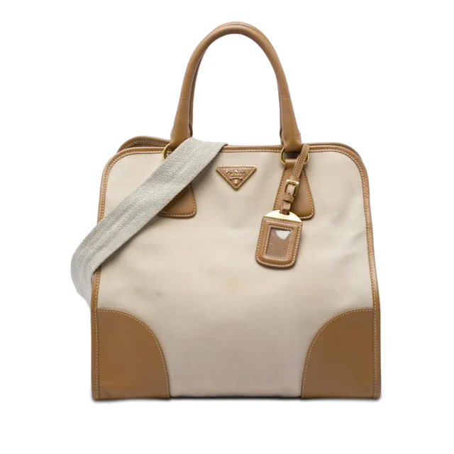 Brown Prada Saffiano Trimmed Canvas Canapa Satchel in Brown Saffiano leather from Designer Revival