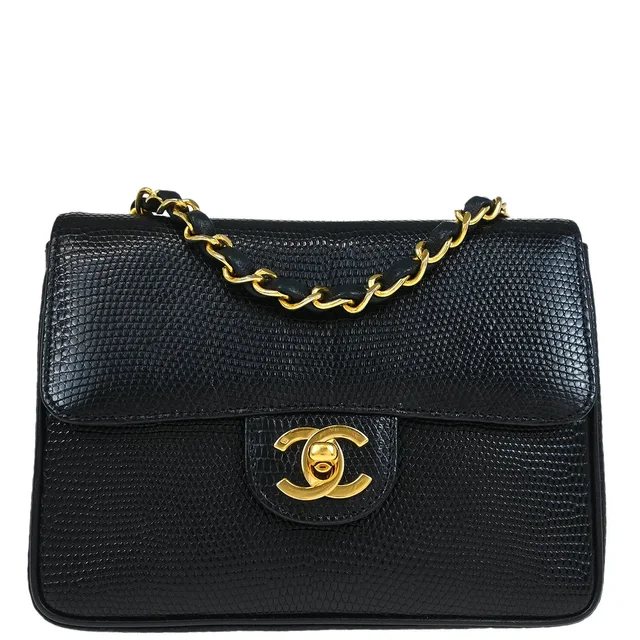 Chanel 1986-1988 Black Lizard Mini Classic Square Flap Shoulder Bag in Black Lizard from AMORE Vintage Tokyo