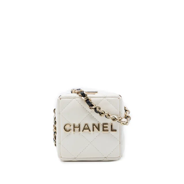 White Chanel Bicolor Quilted Lambskin Cube Clutch with Chain Crossbody Bag in White Lambskin from Designer Revival