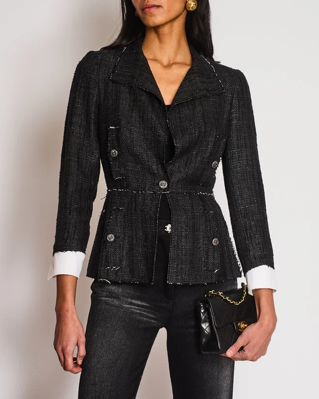 Chanel 07/P Black Silk Weaved Single Breasted Jacket with Detachable Cuff Detail Size FR 36 (UK 8) in Black Silk from Sellier