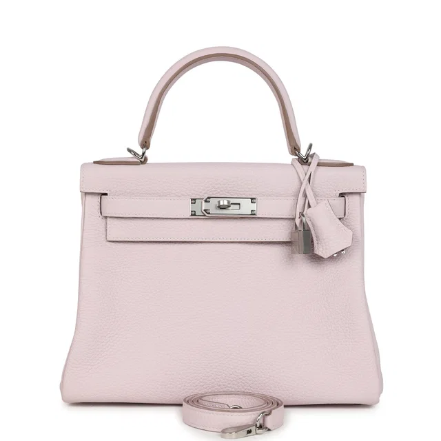 Hermès Kelly Retourne 28 Mauve Pale Clemence Palladium Hardware in Clemence leather from Madison Avenue Couture