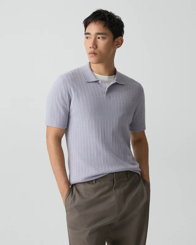 Theory Soris Cable-Knit Polo Shirt in Light Bilen in GRAY LILAC 62% Viscose, 38% Polyester; Exclusive Of Elastic, photo 2 of 12 from Theory