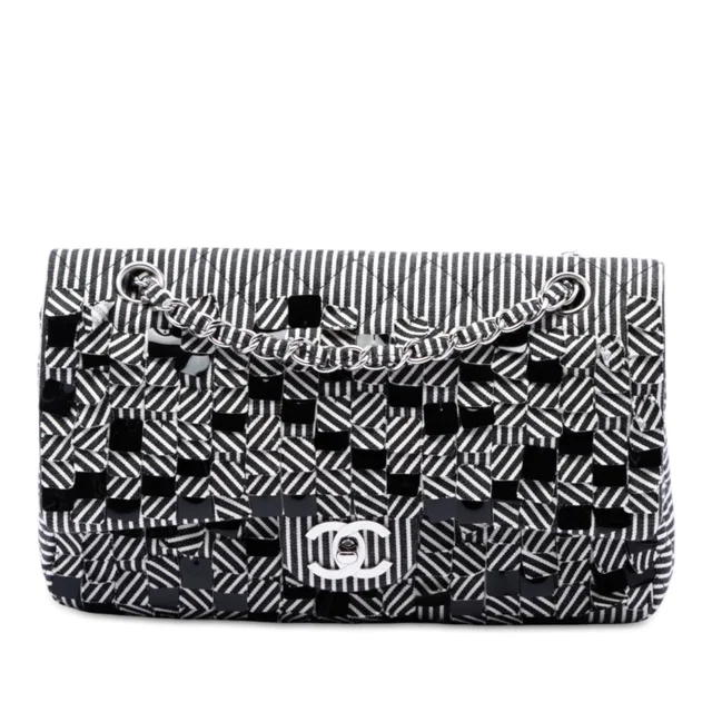 Black Chanel Medium Classic Canvas Sequin Stripes Double Flap Shoulder Bag in Black Canvas from Designer Revival