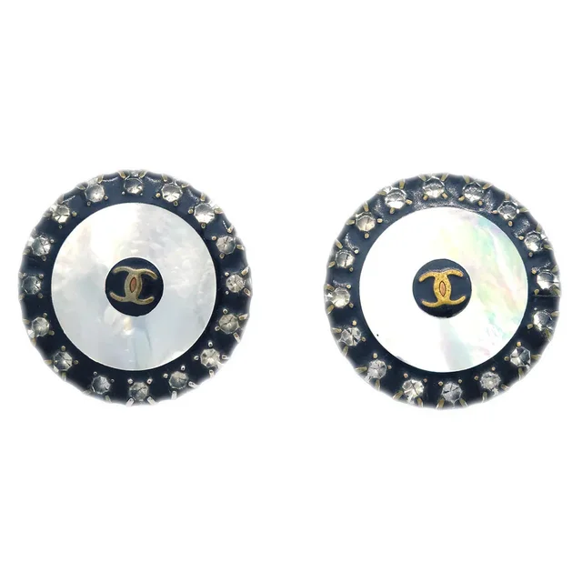Chanel Black Button Shell Earrings Clip-On 97A in Black Resin from AMORE Vintage Tokyo