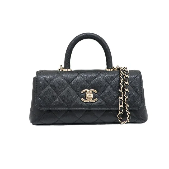 Chanel Quilted Coco Handle Rectangle Top Chain Clutch 2-Way Shoulder Bag in Caviar leather from The Reluxe