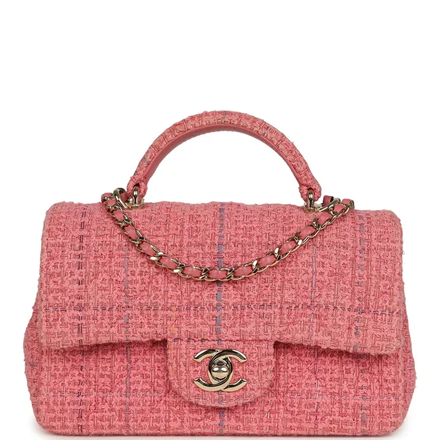 Chanel Mini Classic Rectangular Top Handle Flap Bag Pink Tweed Light Gold Hardware in Pink Tweed from Madison Avenue Couture