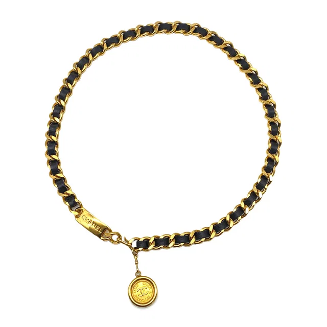 Chanel Vintage Chain Belt Cocomark Gold Black Leather Accessory in Black Leather from Luxury Promise
