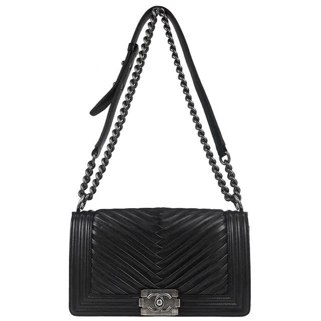 Boy Chanel 2017 Black Lambskin Chevron Medium Double Chain Shoulder Bag in Black Lambskin from AMORE Vintage Tokyo