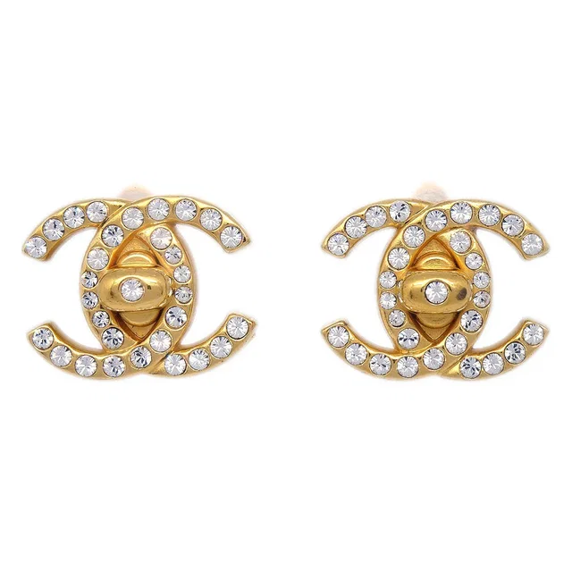 Chanel CC Turnlock Rhinestone Earrings Clip-On Gold Small 96A in Gold from AMORE Vintage Tokyo
