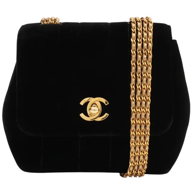Chanel Circa 1995 Velvet Mademoiselle Stitch CC Turn-Lock Chain Bag Mini Black in Black Velvet from VINTAGE QOO TOKYO