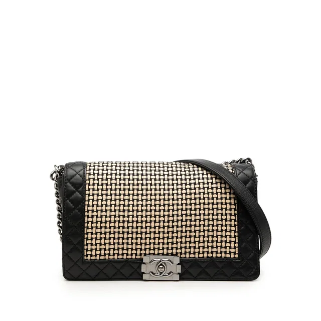 Black Chanel Medium Woven Calfskin Boy Reverso Flap Shoulder Bag in Black Calfskin from Designer Revival