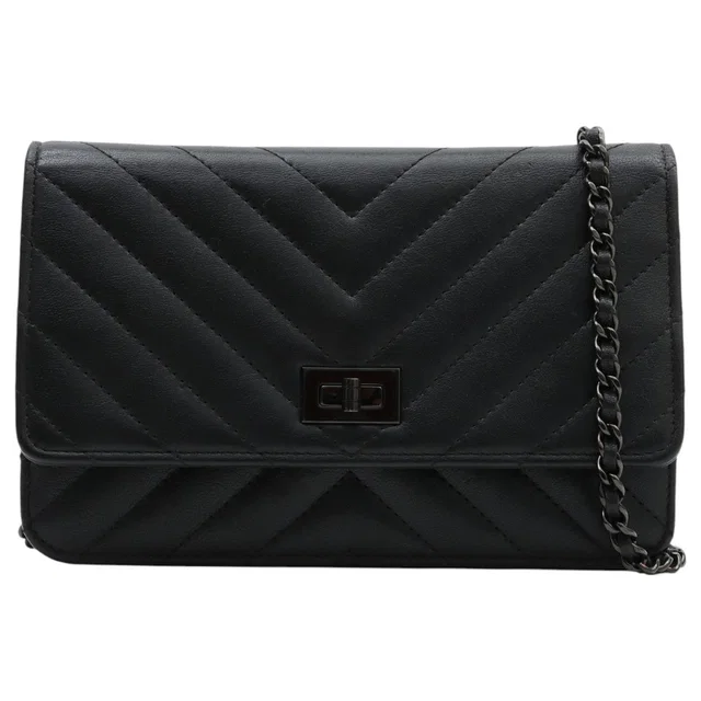 Chanel 2017 circa Chevron Stitch 2.55 Chain Wallet Black in Black Lambskin from VINTAGE QOO TOKYO