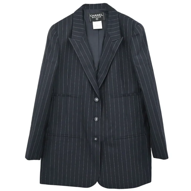 Chanel 1996 Single Breasted Striped Jacket Navy #40 in Navy Wool from AMORE Vintage Tokyo