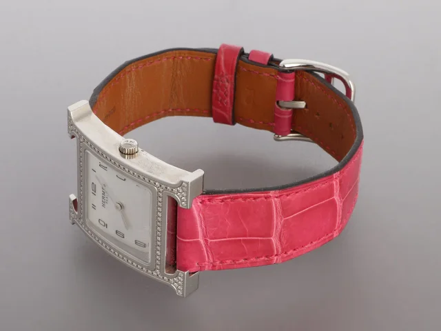 Hermès Medium Stainless Steel Diamond H Heure Watch 30mm in Crocodile from Ann's Fabulous Finds, photo 3 of 5