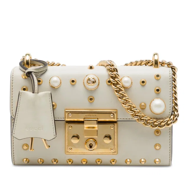 White Gucci Small Pearl Studded Leather Padlock Crossbody in White Leather from Designer Revival