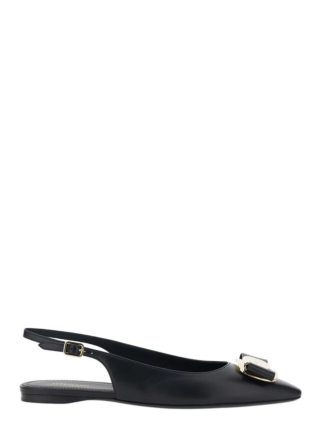 FERRAGAMO 'Zelmi' Black Slingback Ballet Shoes with Logo Plate on the Front in Leather Woman in Black 100% Lamb, photo 2 of 8 from Gaudenzi Boutique