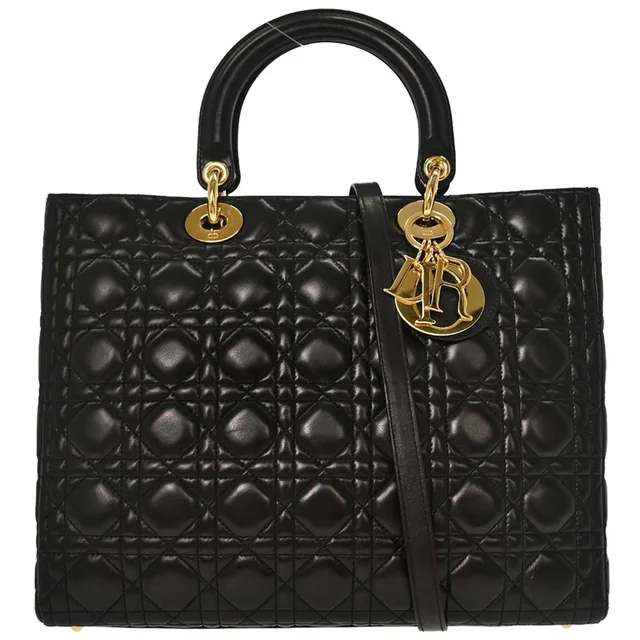 Black Lambskin Large Lady Dior Cannage 2way Shoulder Handbag in Black Lambskin from AMORE Vintage Tokyo