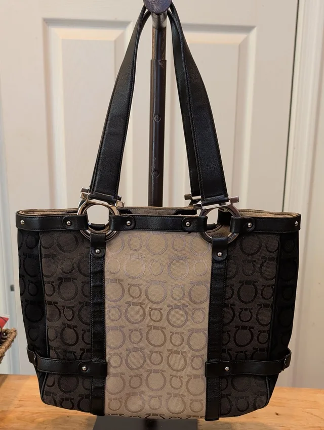 Ferragamo Black And Taupe Signature Logo Tote in black|brown|red Canvas from Poshmark
