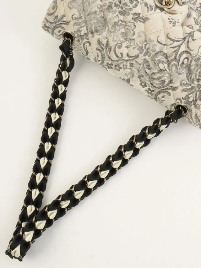 Chanel Circa 2009 Velour Flower Pattern Classic Flap Chain Bag 25cm in Velvet from VINTAGE QOO TOKYO, photo 12 of 20