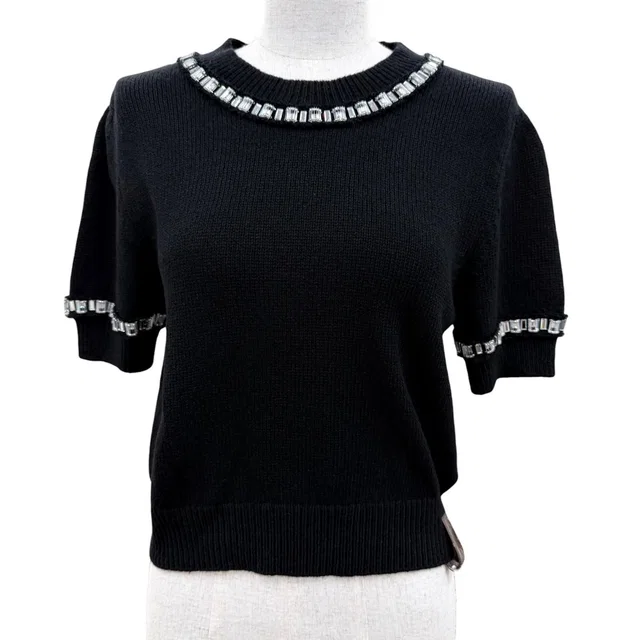 Louis Vuitton Wool Beaded Monogram Short Sleeve Knit Black Sweater in Black Cashmere from The Reluxe