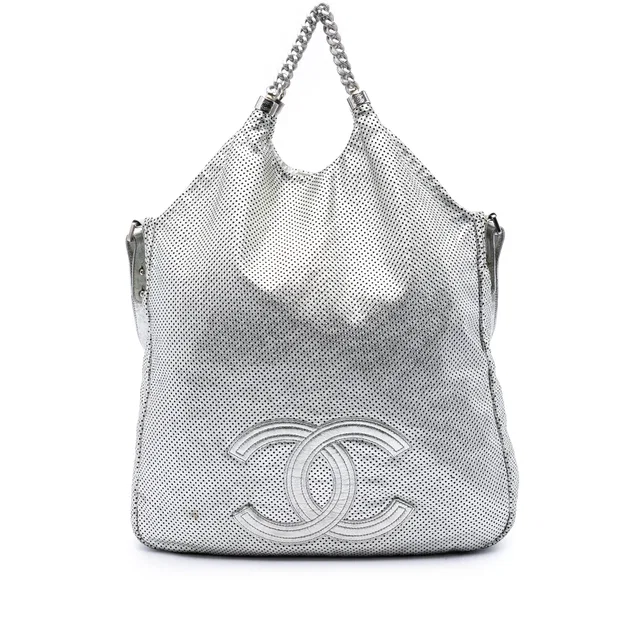 Silver Chanel Large Metallic Glazed Calfskin Perforated Rodeo Drive Satchel in Silver Calfskin from Designer Revival