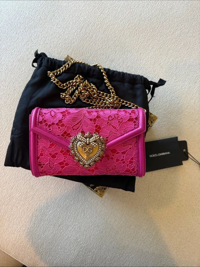 Dolce & Gabbana Hot Pink Lace Devotion Shoulder Bag With Gold Chain in gold|pink from Poshmark