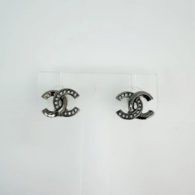 Chanel CC Logo Rhinestone Earrings Plated Silver Clear Vintage in Silver from The Reluxe
