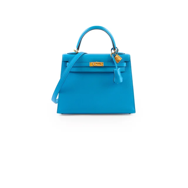 Hermès Kelly 25 Epsom Bleu Frida - Y Stamp in Blue Epsom leather from The Purse Affair