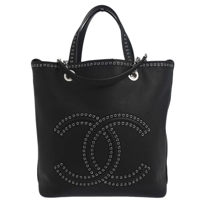Chanel 2019 Black Caviar Coco Eyelets Large Shopping 2way Shoulder Tote Handbag in Black Caviar leather from AMORE Vintage Tokyo