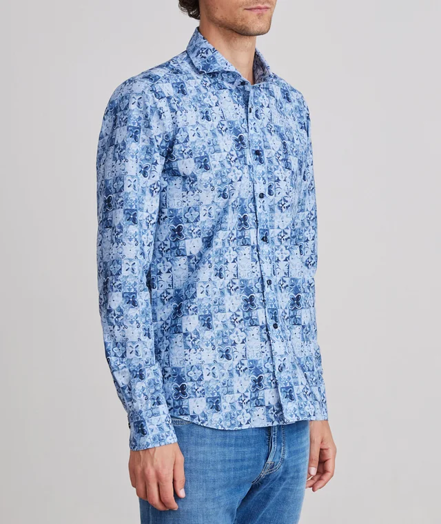 Emanuel Berg Marseille Printed Cotton-Blend Dress Shirt in Mid Blue, photo 4 of 4 from Harry Rosen