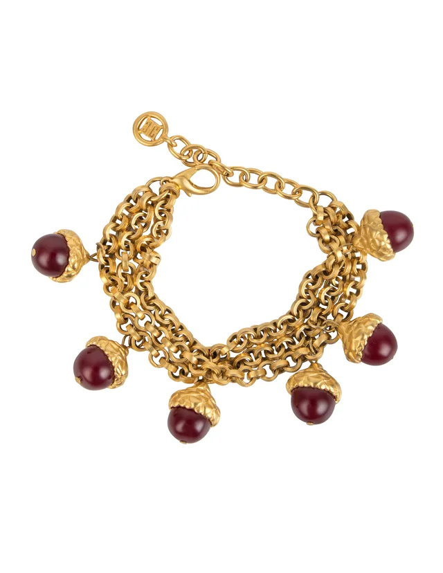 Givenchy Vintage Golden Multistrand Chain and Red Glass Acorn Bracelet in Red from Amarcord Vintage Fashion