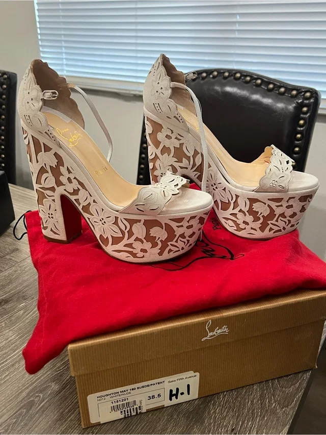 Christian Louboutin Cream Laser-Cut Floral Platform Sandals in White Patent leather from Poshmark