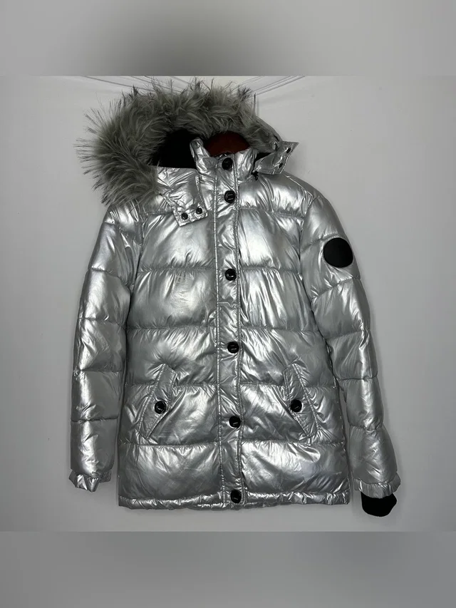 Diesel Teens Silver Metallic Winter Puffer Parka Jacket Size 16 Teen Fur Hood in gray|silver from Poshmark