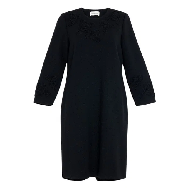 Saint Laurent Long Knit Dress Embroidery Rose Pattern Long Sleeve M Black Wool in Black Wool from The Reluxe