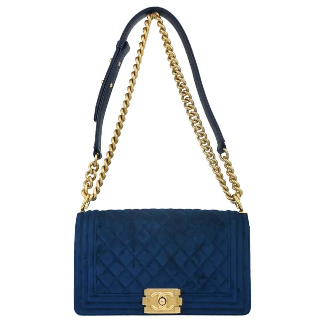 Boy Chanel 2019 Blue Velvet Medium Double Chain Shoulder Bag in Blue Velvet from AMORE Vintage Tokyo
