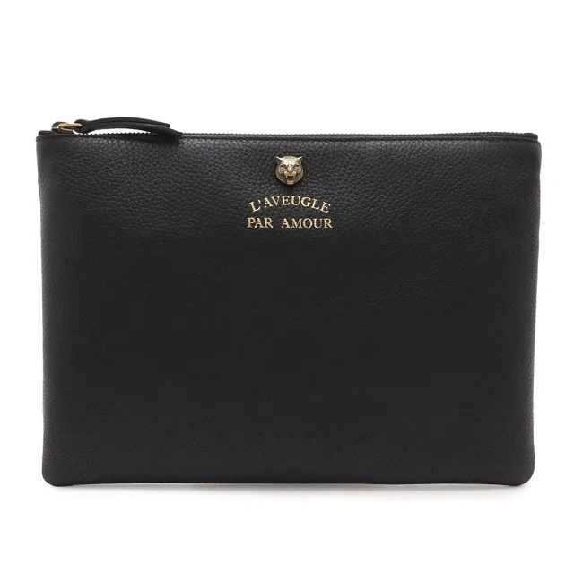 Gucci Animalier Tiger Head Clutch Pouch Leather Black Gold in Black Leather from The Reluxe
