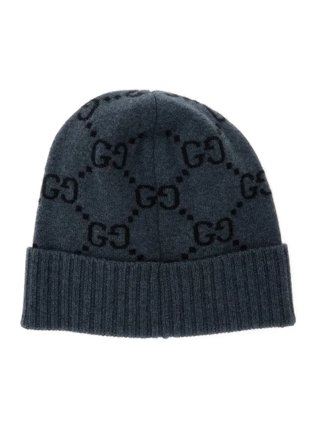 Gucci 811392 Gg Jacquard Cashmere Beanie — Gray Beanies in Grey Cashmere from HEWI