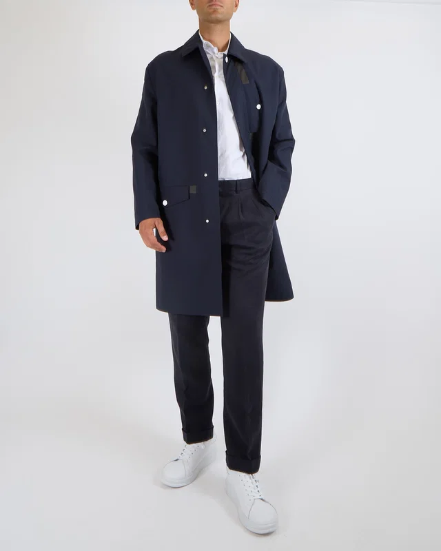 Hermès Menswear Navy Raincoat with Brown Leather Piping and Sellier Silver Buttons in Brown Leather from Sellier