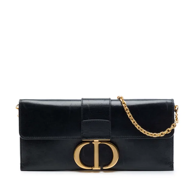 Black Dior Leather Montaigne 30 Clutch with Chain Crossbody Bag in Black Leather from Designer Revival