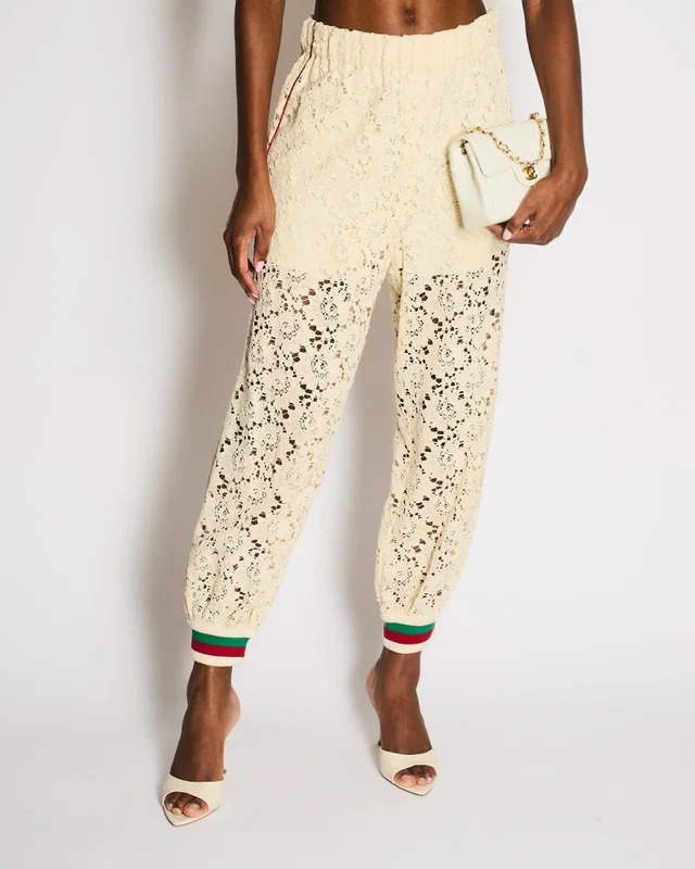 Gucci Cream Lace Joggers with Red and Green Striped Detail Size IT 44 (UK 12) in White Silk from Sellier
