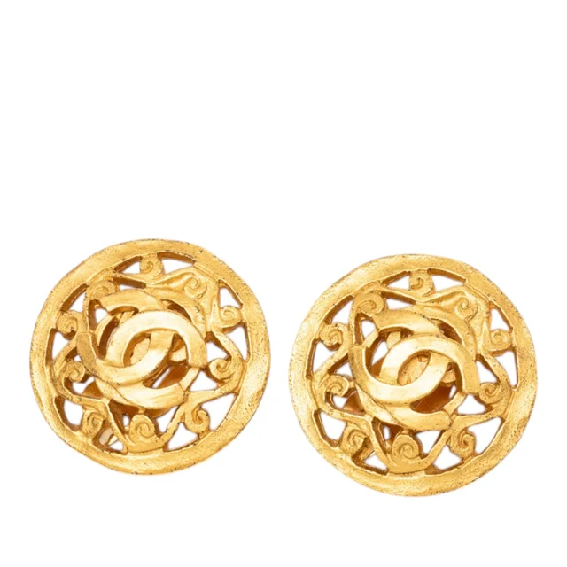 Gold Chanel CC Gold Plated Arabesque Round Clip On Earrings in Gold from Designer Revival