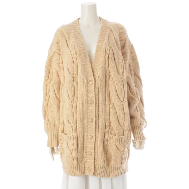 Celine Wool Cable Knit Long Cardigan Top Beige in Beige Cashmere from The Reluxe