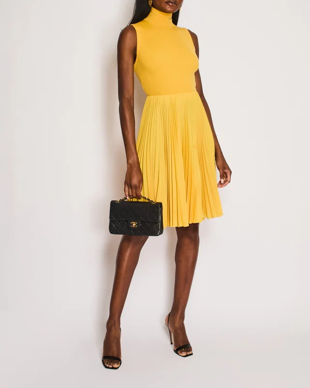 Prada Yellow High Neck Sleeveless Dress with Logo and Pleated Detail Size IT 38 (UK 6) in Yellow Wool from Sellier