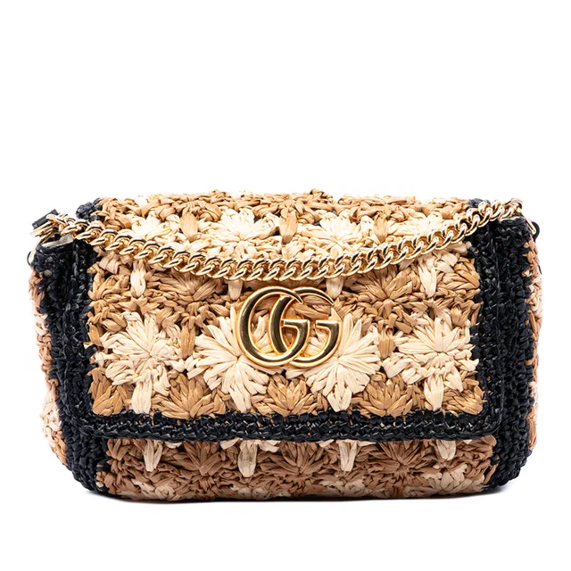 Beige Gucci Small GG Marmont Raffia Crossbody in Beige Raffia from Designer Revival