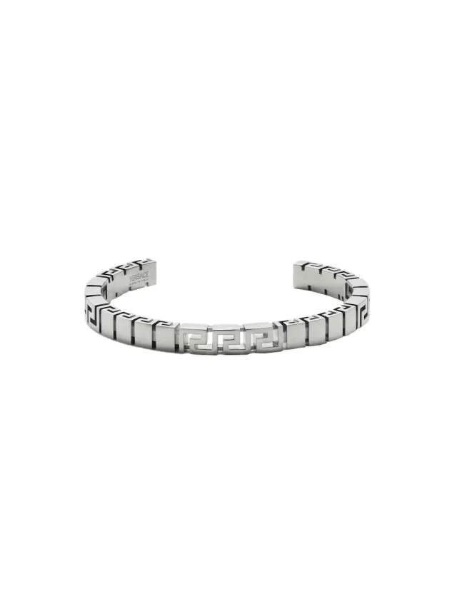 Silver Bracelet with Greca Motif and Logo Lettering Impressed in Brass for Men, image 1 of 1 from Gaudenzi Boutique
