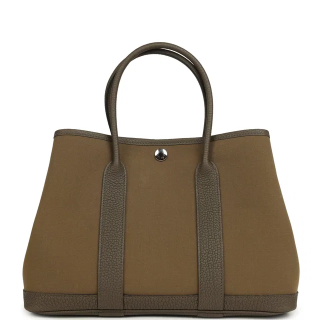 Hermès Garden Party 30 Vert Olive Toile Officier Canvas, Vert Loden Negonda Palladium Hardware in Green Canvas from Madison Avenue Couture