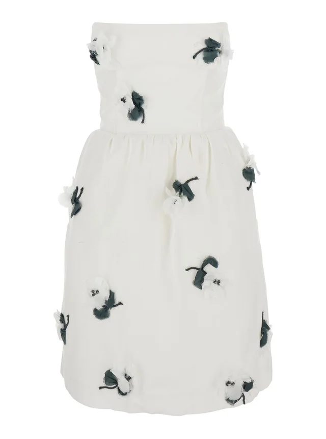 SHUSHU/TONG White Linen Strapless 'Floral Appliqué' Dress for Women in White 100% Linen, photo 2 of 6 from Gaudenzi Boutique