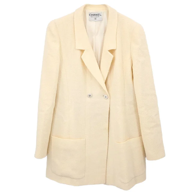 Chanel Double Breasted Jacket Ivory in White Wool from AMORE Vintage Tokyo