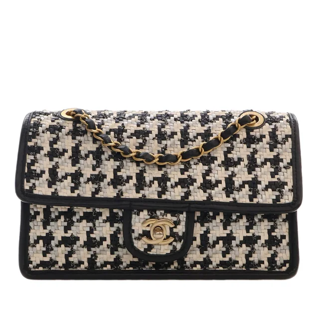 Black Chanel CC Woven Lambskin and Viscose Houndstooth Single Flap Shoulder Bag in Black Lambskin from Designer Revival, photo 1 of 1